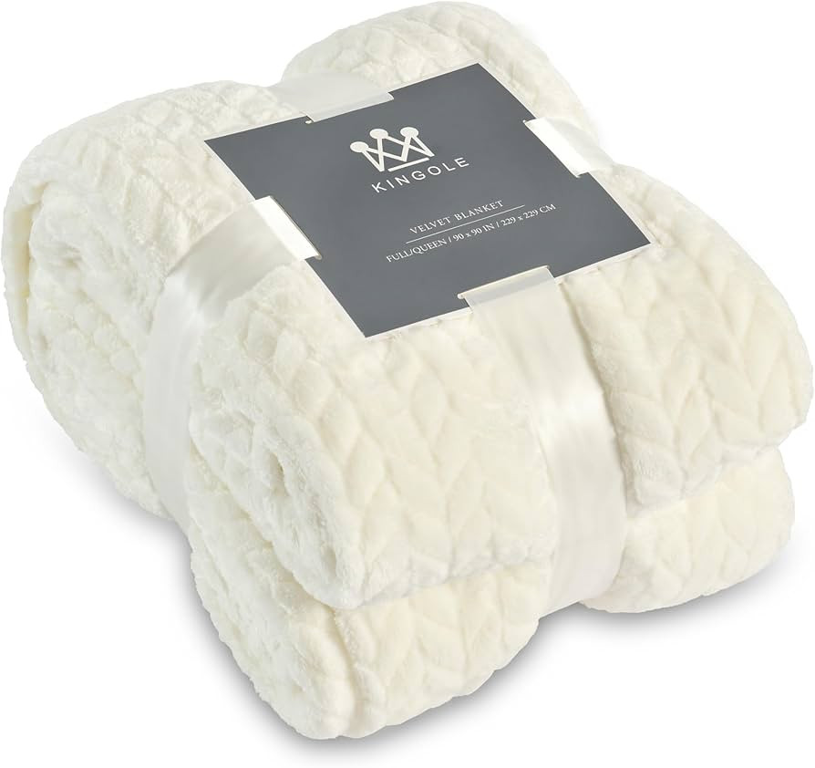 Kingole Flannel Fleece Luxury Throw Jacquard Weave Blanket, Creamy White Travel/Throw Size Leaf Pattern Cozy Couch/Bed Super Soft and Warm Plush Microfiber 350GSM (50 x 60 inches) | Amazon (US)