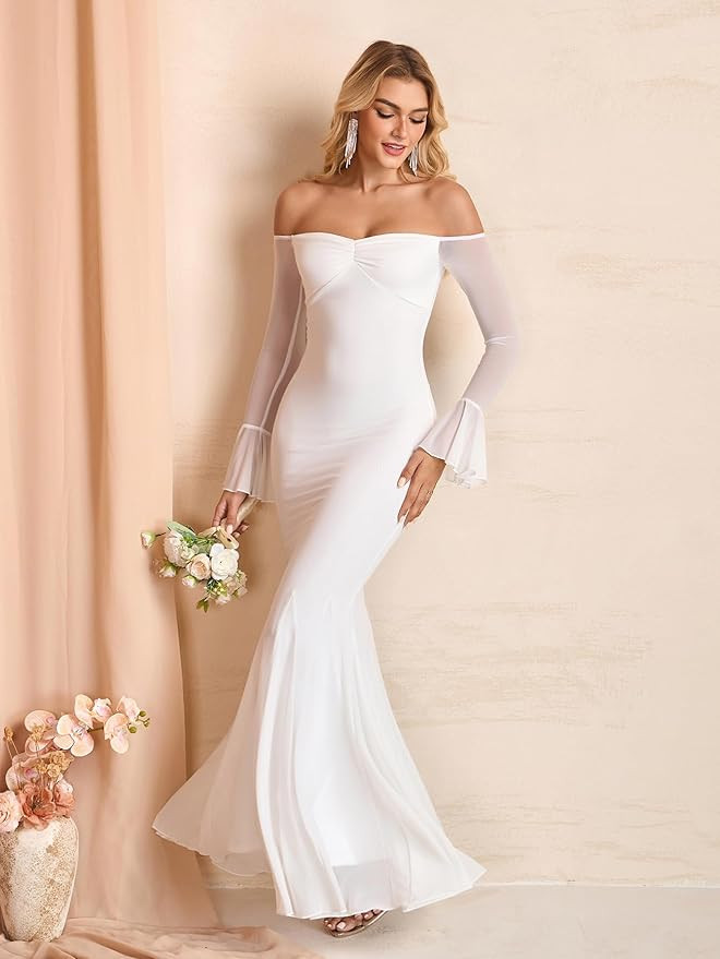 URYIAO Off Shoulder Bodycon Maxi Dresses for Women Sheer Long Sleeve Mermaid Ruffle Formal Weddin... | Amazon (US)