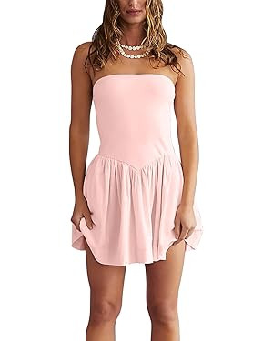 Summer Solid Strapless Mini Dress for Women Tube Top Dresses Patchwork Pleated Drop Waist Flared ... | Amazon (US)