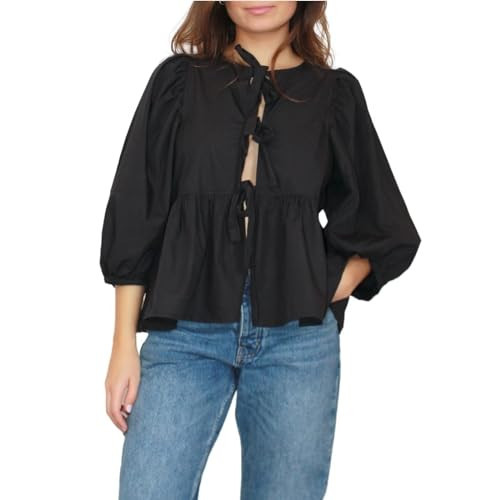 Women Tie Up Front Tops Puff Sleeve Y2K Babydoll Peplum Shirts Top Black S | Amazon (US)