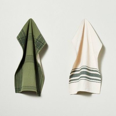 2pc Open Plaid & Variegated Stripes Kitchen Towel Set Tonal Green/Cream - Hearth & Hand™ with M... | Target