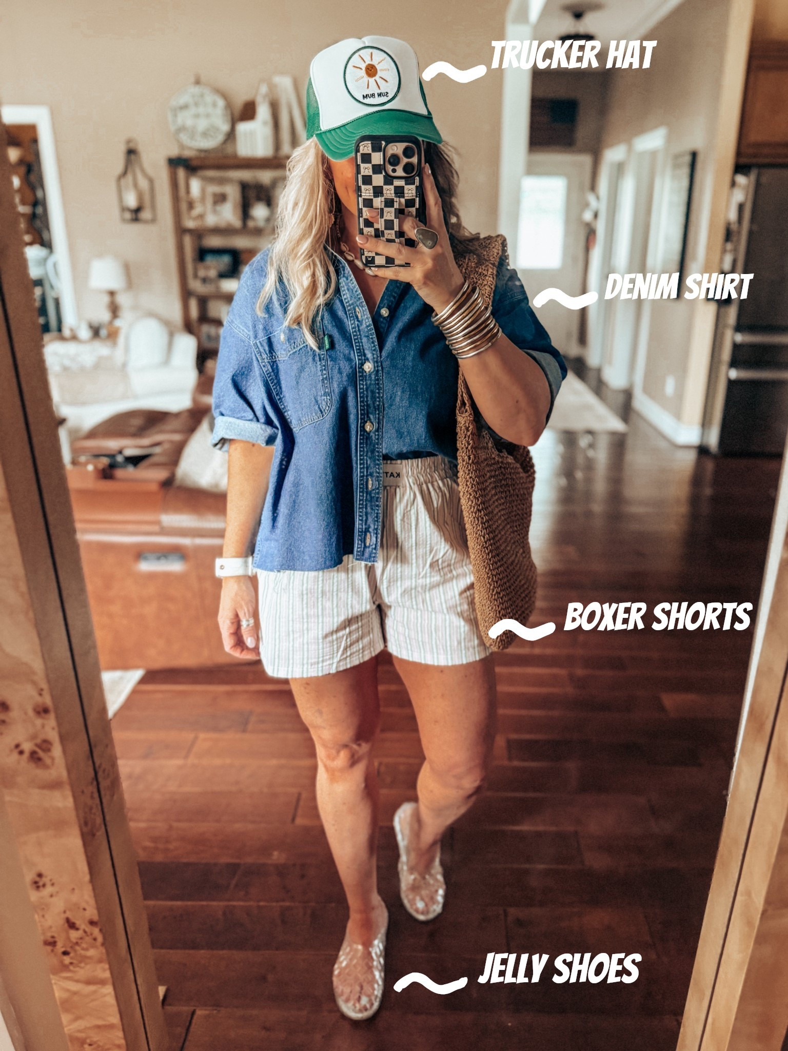 Thrifted + New 
•This denim shirt is a mens thrifted denim top and I cut the bottom off. 
•My boxer shorts are so fun and come in other cute prints. I’m in a medium and you can save with code MANDIE. 
•These jelly shoes are so cute and very comfy they run true to size. 


#LTKOver40 #LTKFindsUnder50 #LTKStyleTip