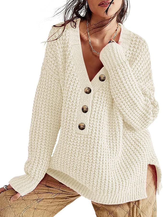 Womens V Neck Button Down Henley Sweater Long Sleeve Knit Pullover Sweaters Casual Side Slit Soli... | Amazon (US)