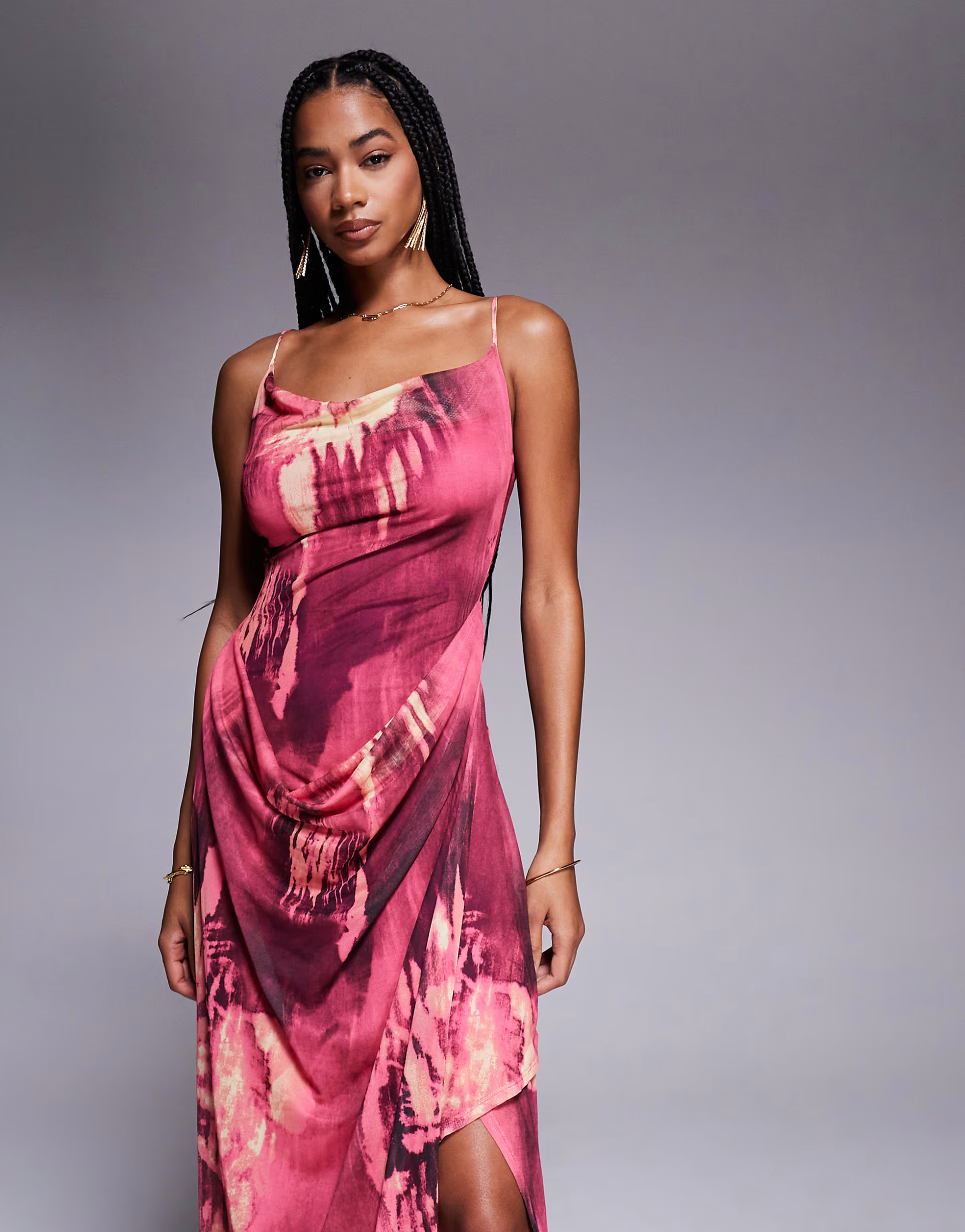 ASOS DESIGN printed mesh halter drape maxi dress in abstract print | ASOS (Global)