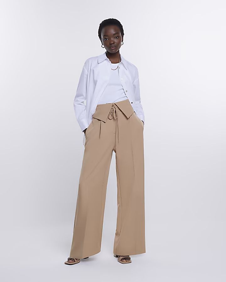 Brown fold over waist wide leg trousers | River Island (UK & IE)