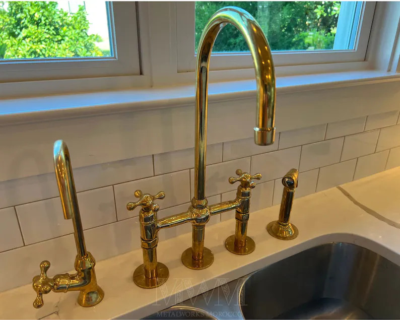 Three Columns Unlacquered Brass Kitchen Bridge Faucet With Side Sprayer - Etsy | Etsy (US)