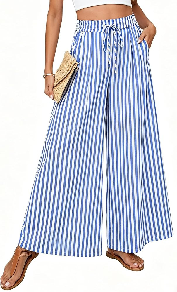 Women's Palazzo Pants Boho Floral Wide Leg Trousers Summer Beach High Waisted Flowy Pants with Po... | Amazon (US)