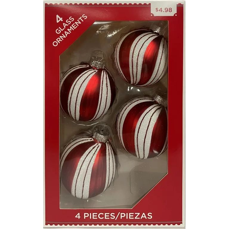 Holiday Time 4 COUNT Glass BALL Christmas Ornaments With GLITTER STRIPE, 25/8" (67MM), Red | Walmart (US)