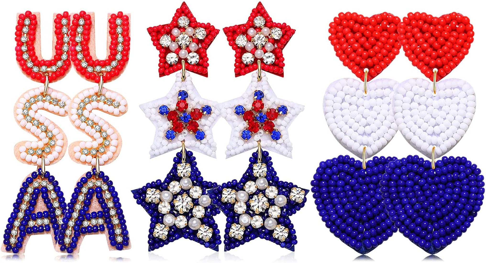4th of July Earrings, Beaded American Flag Patriotic Earrings for Women, Handmade Letter USA Star... | Amazon (US)
