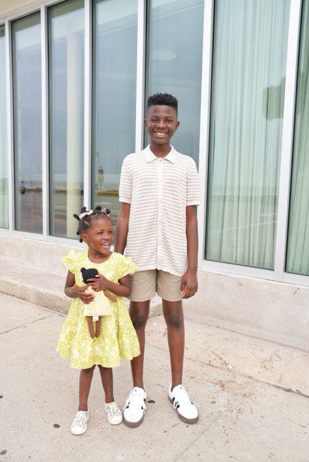 Kids spring and vacation outfits! Floral citrine toddler dress, floral slip on shoes, tan pull on shorts, adidas VL court 3.0 sneakers and tan & white button up sweater polo. 

#LTKkids #LTKfindsunder100 #LTKfamily