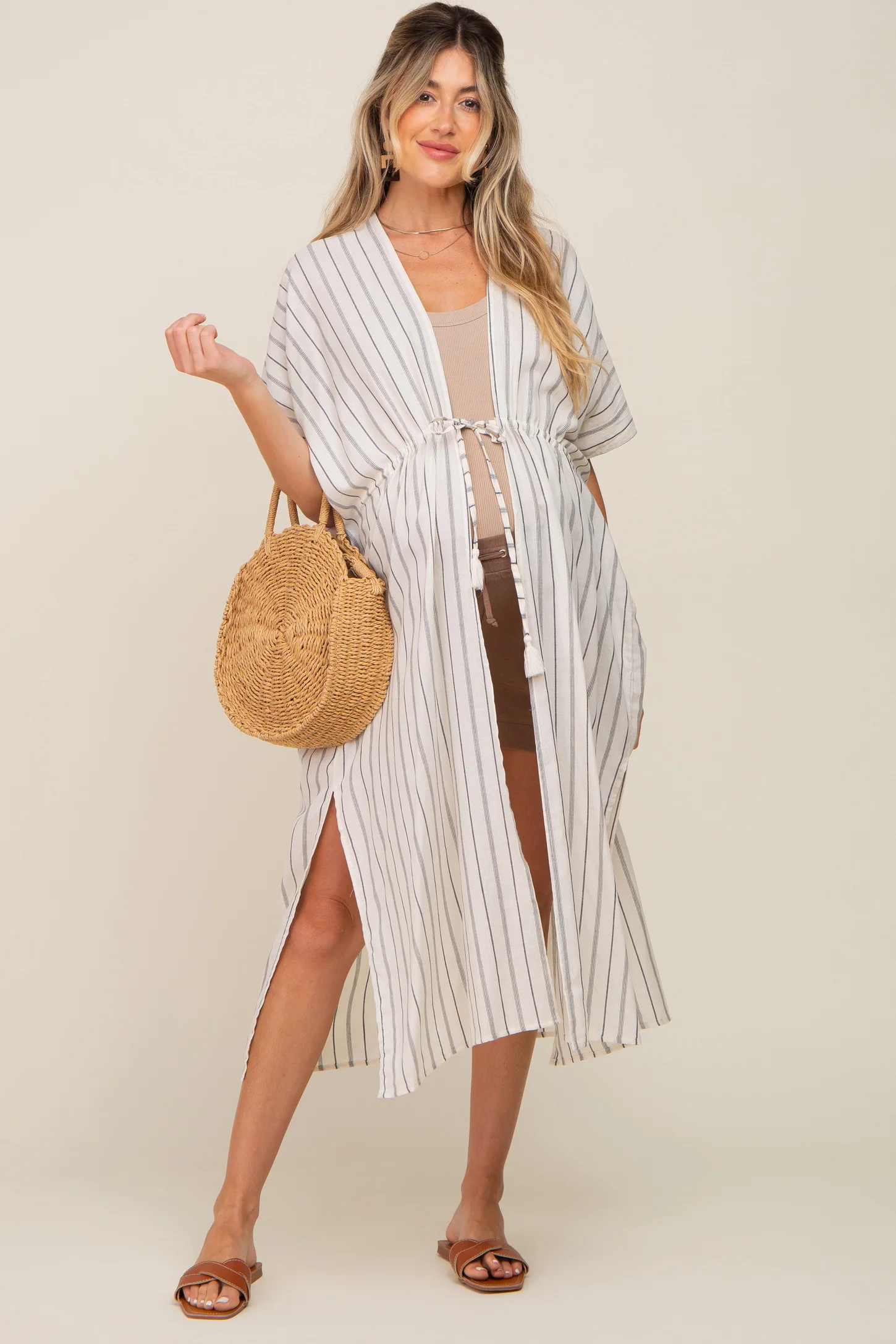 Ivory Striped Side Slit Tassel Tie Maternity Cover-Up | PinkBlush Maternity