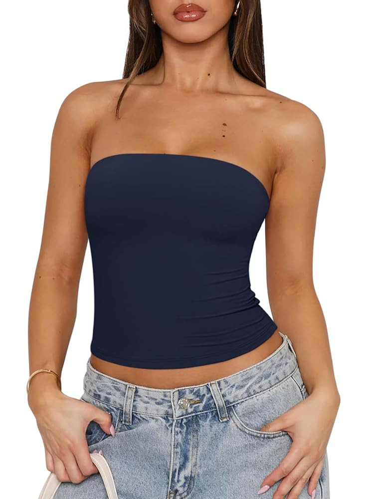 REORIA Women's Y2K Strapless Backless Tube Top Double Lined Sleeveless Crop Tank Top for Summer 2... | Amazon (US)