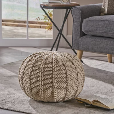 GDFStudio Agatha Modern Knitted Cotton Round Pouf, Beige | Target