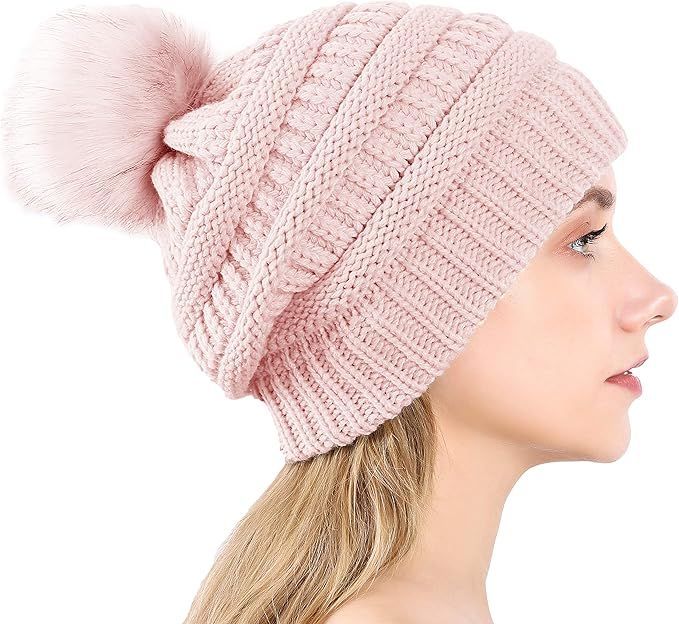 NEOSAN Women's Winter Ribbed Knit Faux Fur Pompoms Chunky Slouchy Beanie Hats | Amazon (US)