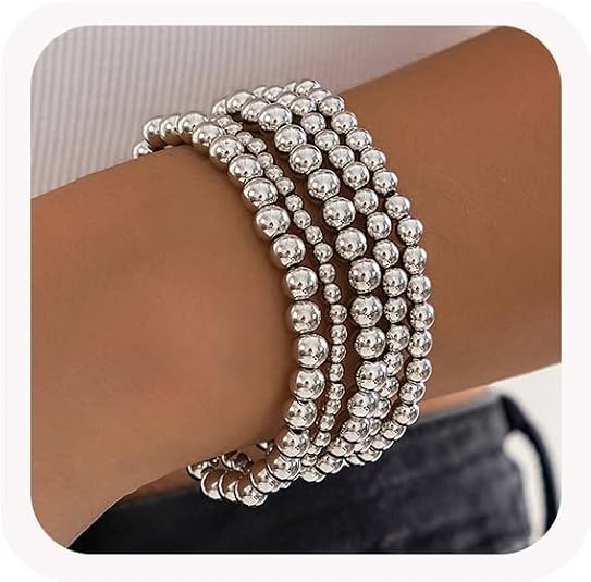 7PCS Layered Beaded Bracelets Set for Women Trendy Stretch Elastic Round Ball Beads Bangles Boho ... | Amazon (US)
