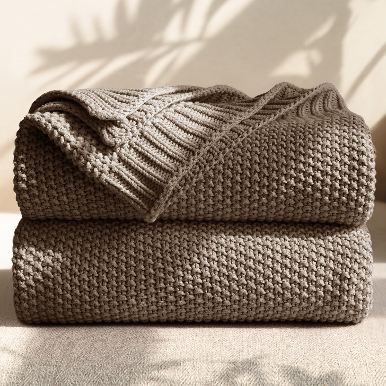 100% Cotton Cable Knit Throw Blanket, Lightweight Soft Knit Blanket for Sofa Couch Bed, Breathable All-Season Throw, Cozy Decorative Blanket, 50 x 60 Inch,Taupe | Amazon (US)