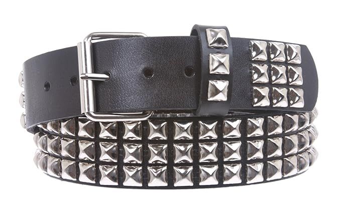 Snap On Three Row Punk Rock Star Metal Silver Studded Full Grain Cowhide Leather Belt | Amazon (US)