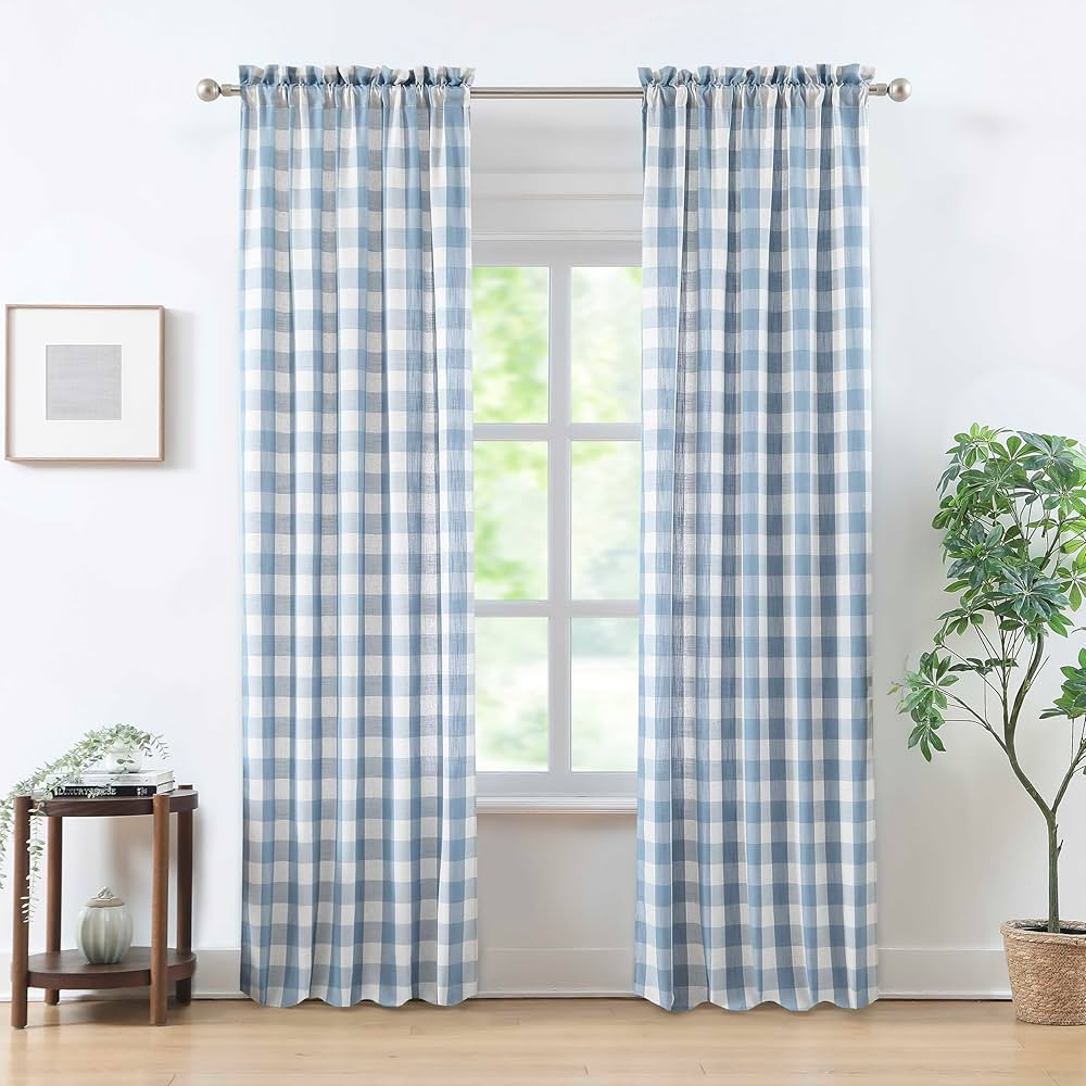 Buffalo Plaid Semi Sheer Curtains 84 Inches Long,Beige-Dusty Blue Buffalo Check Drapes for Bedroo... | Amazon (US)