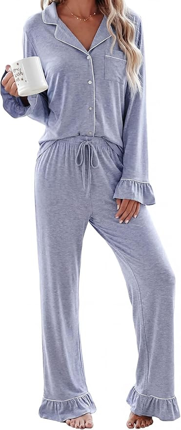 Women Bamboo Viscose Pajama Sets Ruffled Cuff Hem Long Sleeve Fancy Yarn 2 Piece Loungewear Loose... | Amazon (US)