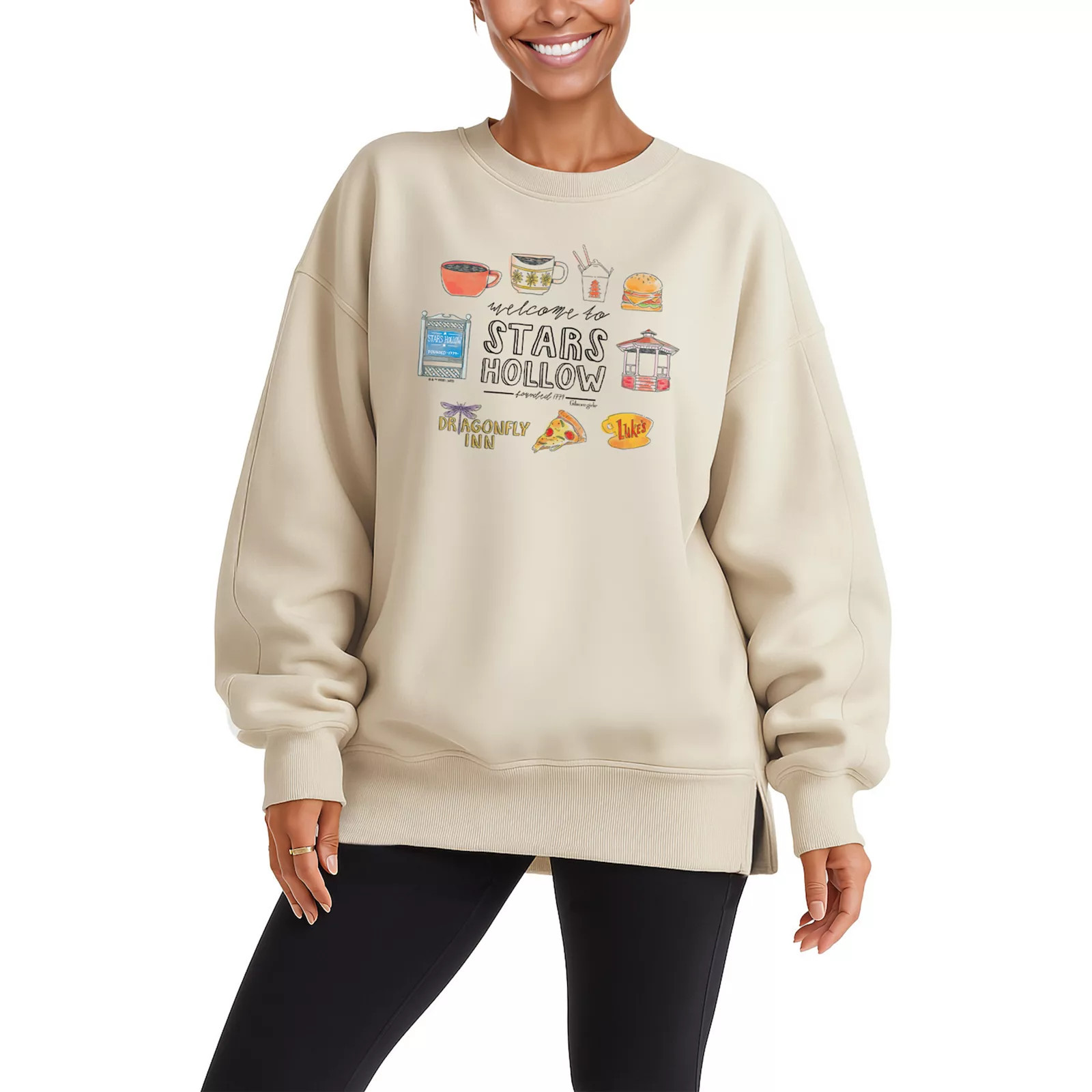 Women's Gilmore Girls Stars Hollow Oversized Fleece Crew Sweatshirt, Size: Small, Ivory | Kohl's