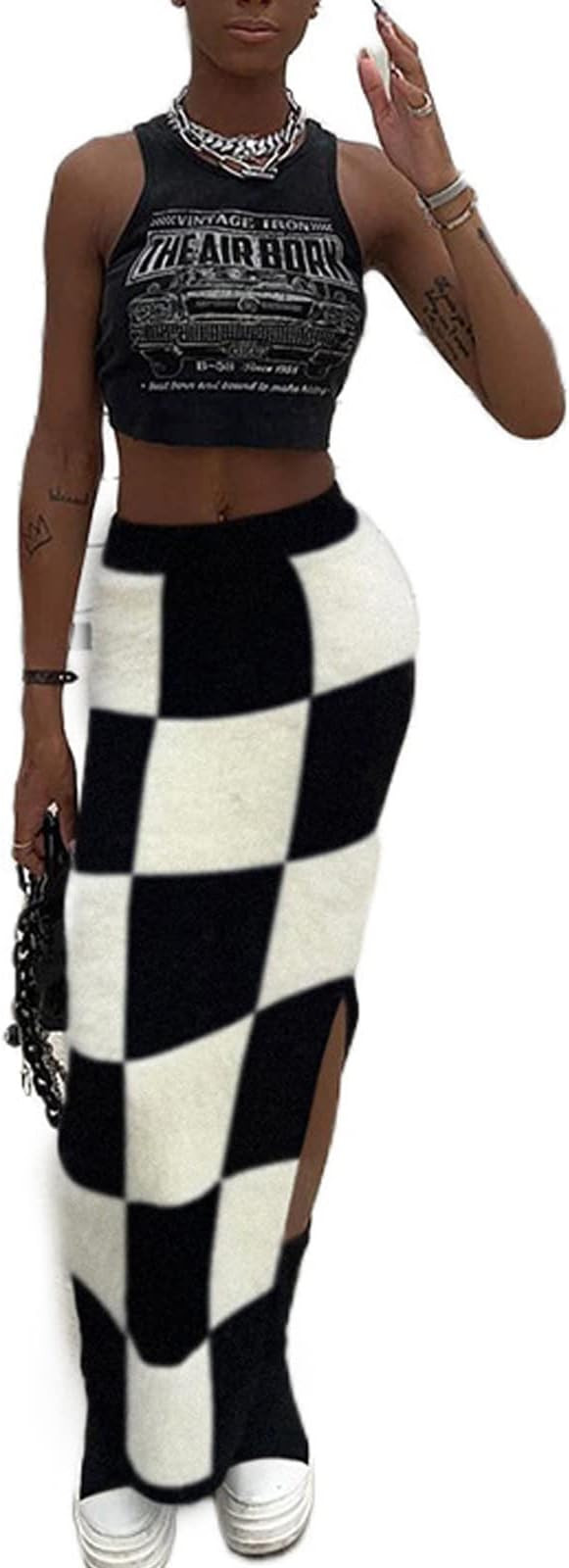 Women High Waist Plaid Elastic Long Skirts Side Split Knit Bodycon Midi Skirt | Amazon (US)