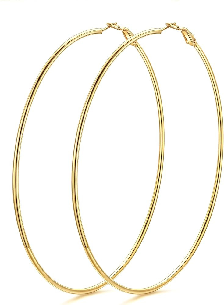 KeyStyle Gold Hoop Earrings for Women, Stainless Steel Hoops Earring Lightweight Loops, 2 mm Thic... | Amazon (US)