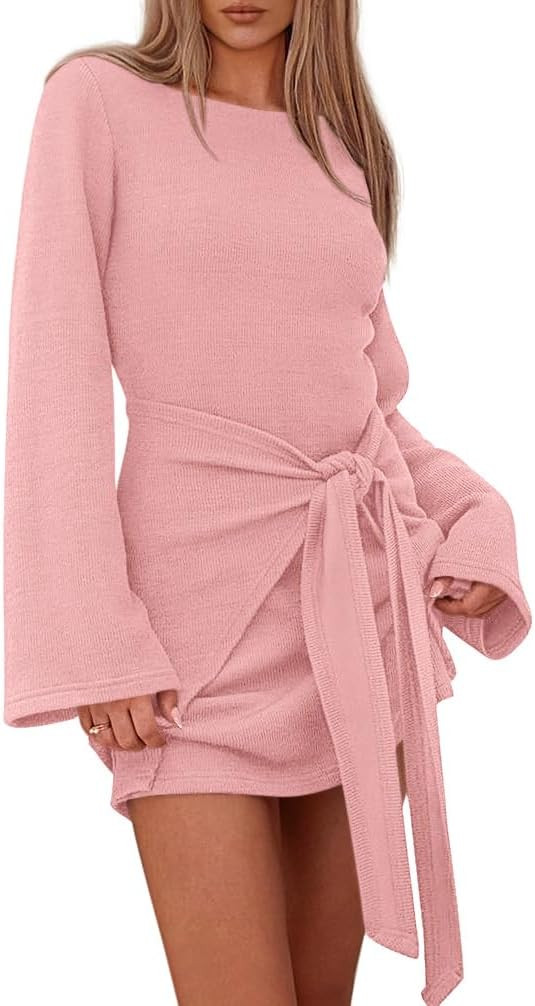 dowerme Women's Casual Mini Dress 2025 Bell Long Sleeve Boat Neck Tie Waist Bodycon Dresses Knitt... | Amazon (US)