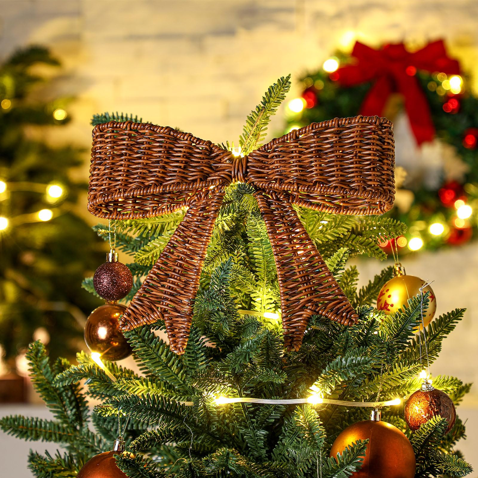 Rustic Christmas Tree Topper 11.4'' Rattan Bow Farmhouse Christmas Decor Retro Natural Xmas Tree ... | Amazon (US)