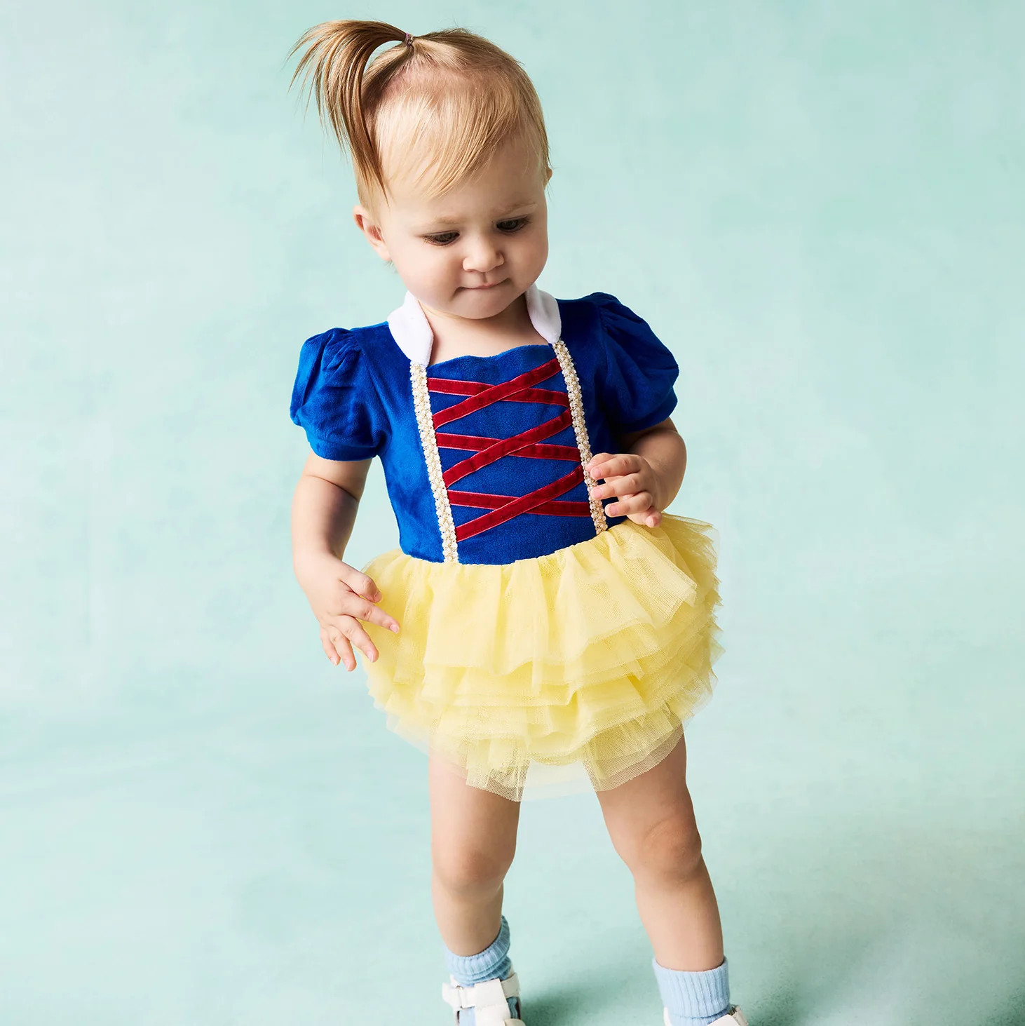 Princess Blue Puff Sleeve Disney Snow White Velour Bodysuit Dress | Posh Peanut® | Posh Peanut