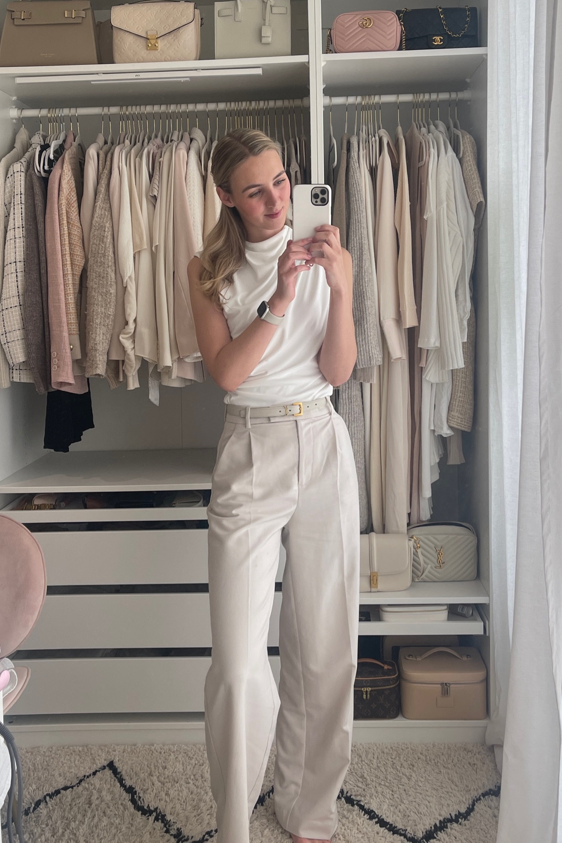 Outfit inspiration, neutral outfit, office outfit, Saint Laurent belt, Farfetch, white hair clip, H&M, flower hair clip, Classic cream leather belt, COS, cigarette trousers, tailored trousers, Mango, cropped turtleneck top, new arrival, Stradivarius, viscose tshirt, Netherlands.

#LTKeurope #LTKSeasonal #LTKstyletip