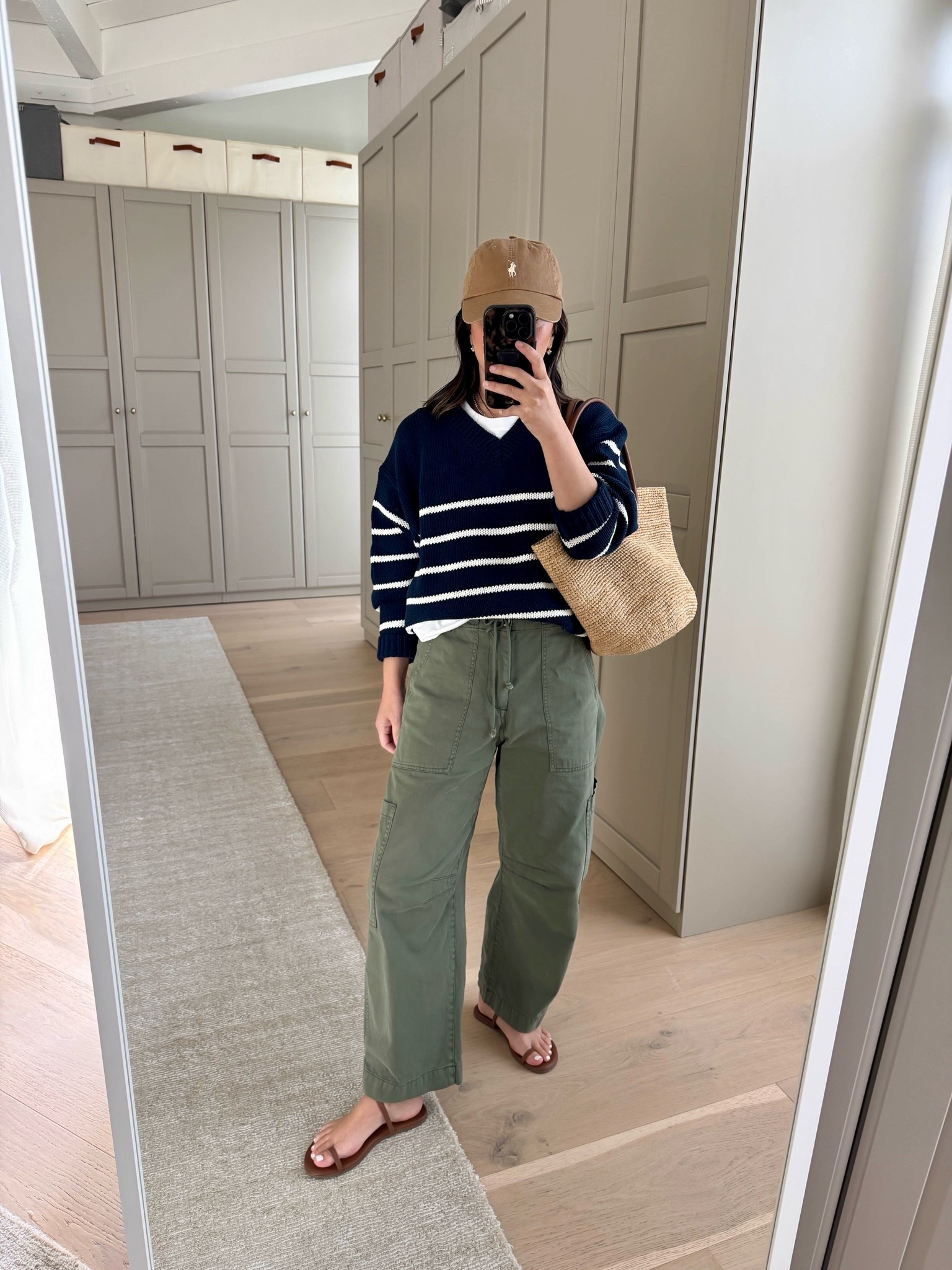Casual outfits are my favorite andn
Obsessed with this color combo 😮‍💨. 

Aritzia sweater xs
Everlane box cut tee medium
Pistola cargo pants petite 25 - could wear the petite 24
Tkees phoebe sandals 5
Aritzia tote
Polo Ralph Lauren hat
Electric Picks earrings
Dorsey James necklace 15”

#LTKootd #LTKmomlife #LTKPetite
