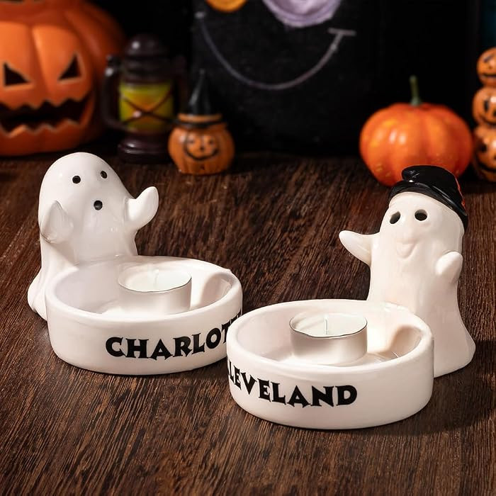 Personalized Halloween Ghost Candle Holder - Custom Name on Cute Ceramic Ghost Tea Light Candlestick, Halloween Tabletop Figurines Decorations for Holiday Party Home | Amazon (US)