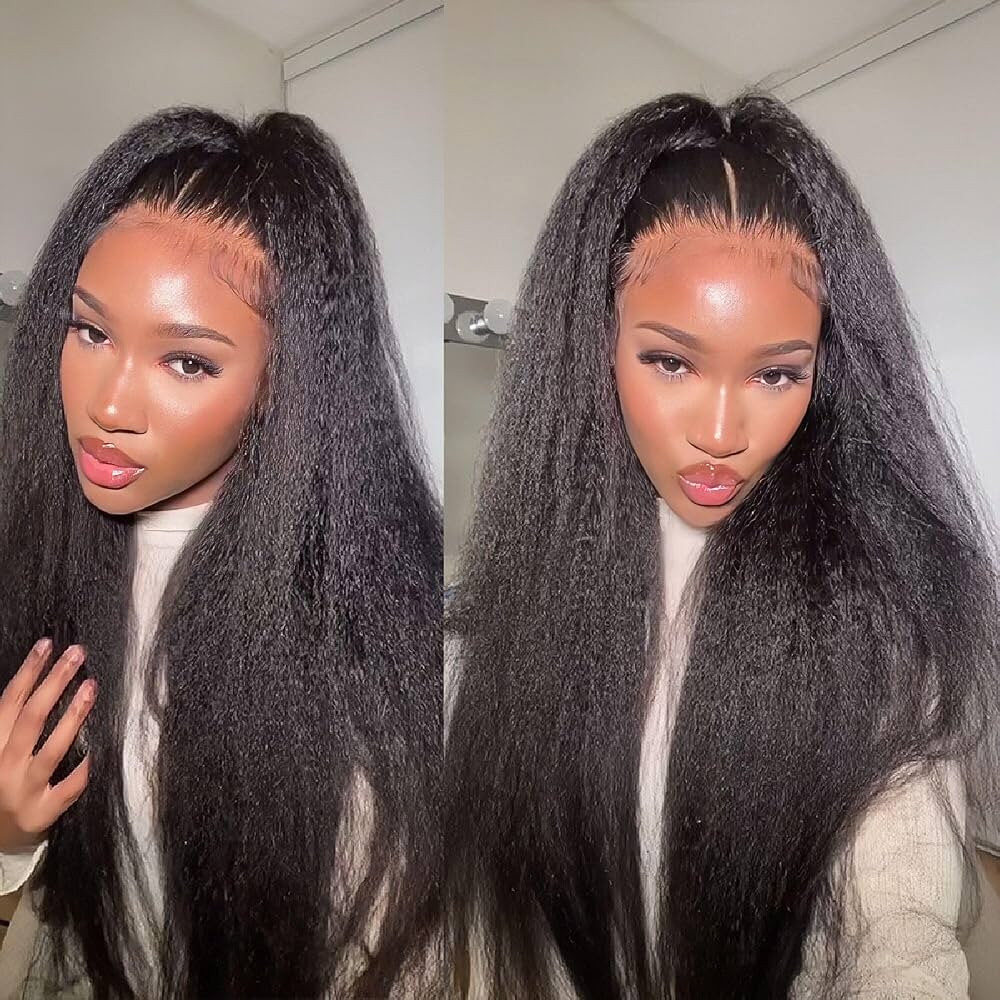BLY Human Hair Lace Front Glueless Wigs for Women 13x6 Kinky Straight Pre Bleached Knots Yaki Hum... | Amazon (US)