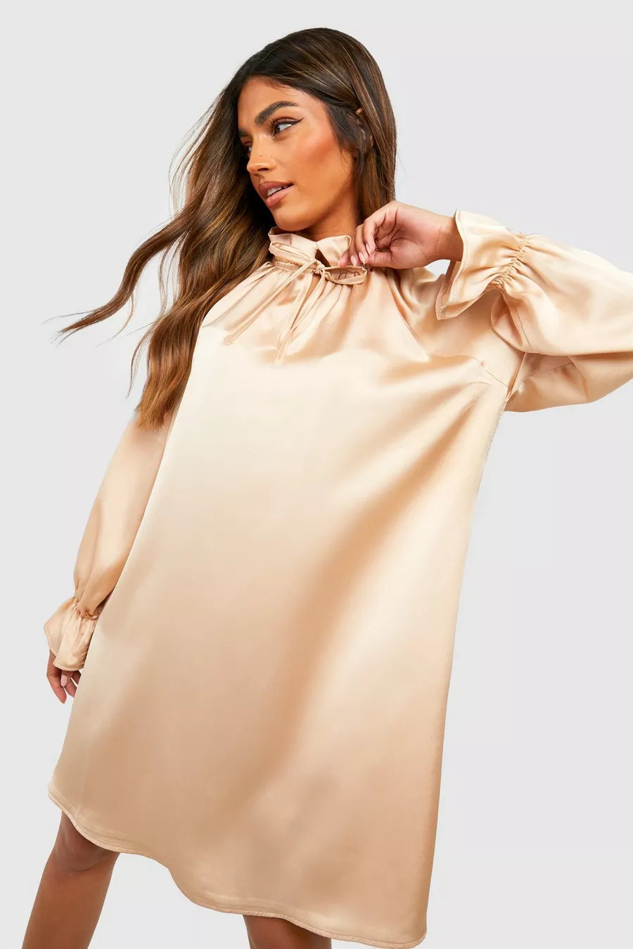 Satin High Neck Ruffle Swing Dress | Boohoo.com (US & CA)