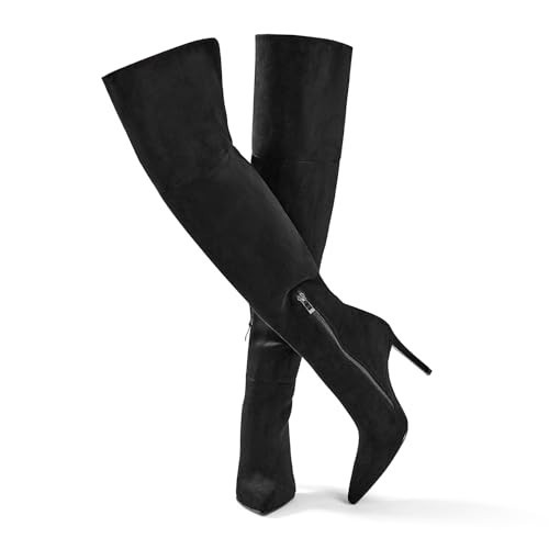 wetkiss Suede Black Thigh High Boots for Women Stiletto High Heel Over the Knee Boots Ponited Toe Thigh Boots Wide Calf High Boots Tall Boots Fall Winter Long Boots, Size 9.5 | Amazon (US)