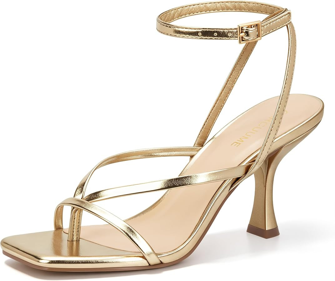Carcuume Womens Kitten Heels Square Toe Thong Strappy Ankle Strap Stiletto Heel Sandals | Amazon (US)