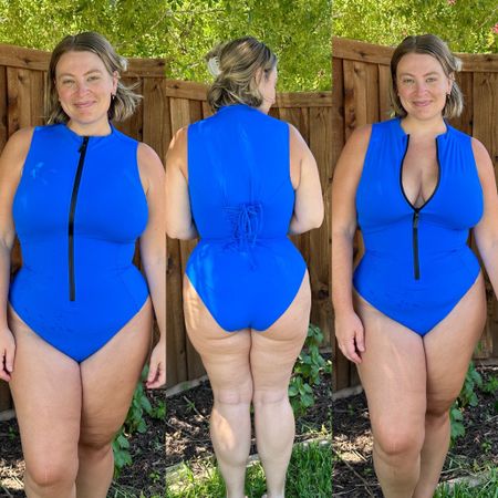Wearing XL in this shaping one piece swimsuit - the zipper works all the way up and down, where I have it in the right photo, there’s a hook on the inside to help keep it together. Back is full coverage and you tighten to your desired needs. I find it to lift the breast nicely! If I didn’t need torso length (due to both breast size and torso) I probably would have sized down because of how much I tighten the back. Have worn multiple times and super impressed. The TA3 suits in general are high quality and will last many seasons. Also can double as bodysuits! 

#LTKMidsize #LTKSwim #LTKPlusSize