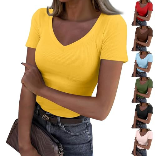 Womens Short Sleeve Tops Summer Casual Ribbed Basic V Neck Tops Stretchy Soft Plain Fitted Teacher Shirt Lightweight Curvy Low Cut Cotton Elegant Blouses Casual Vintage Basic Blouse Top | Amazon (US)