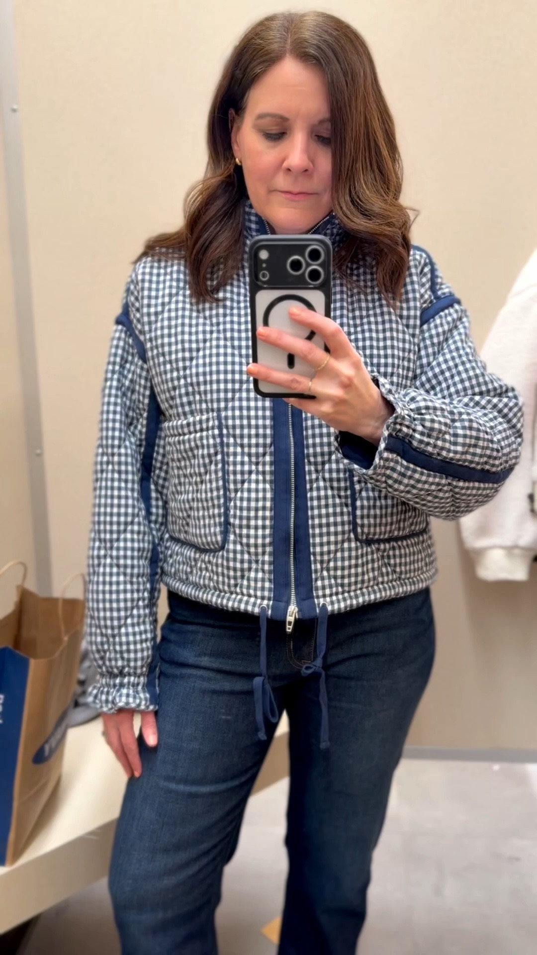 This came home with me on Saturday and has already had several compliments.  This will keep you cozy and warm while bringing the spring vibes. I tried a few quilted short jackets and not all are this comfy. This one is soft, cozy, and feels as comfy as a comforter. I’m in a medium, it fits a bit big but they didn’t have a small in the store. The sleeves are a little long, and a smaller size may fix that. I’ll wear this running errands, for casual Saturday lunch, on cool spring walks, and to the ballfield. 
@nordstromrack These @jcrewfactory jeans fit TTS.

#LTKmidsize #LTKover40
