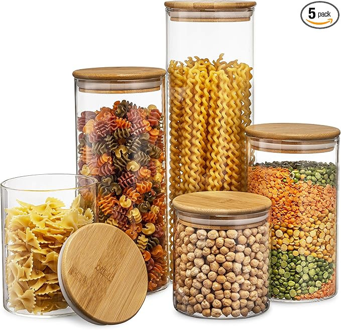 Canister Set of 5, Glass Kitchen Canisters with Airtight Bamboo Lid, Glass Storage Jars for Kitch... | Amazon (US)