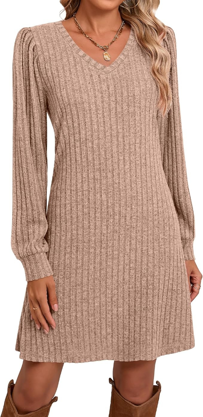 Ficerd Women's Knit Long Sleeve Sweater Dress Casual V Neck Tunic Dresses Fall Trendy Outfits | Amazon (US)