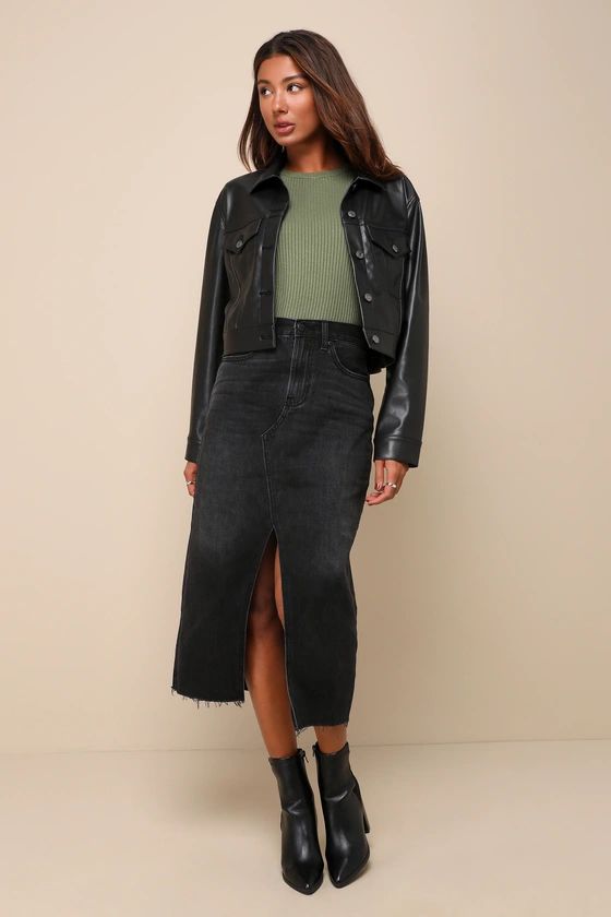 Trendsetting Topic Black Denim High Rise Raw Hem Midi Skirt | Lulus (US)