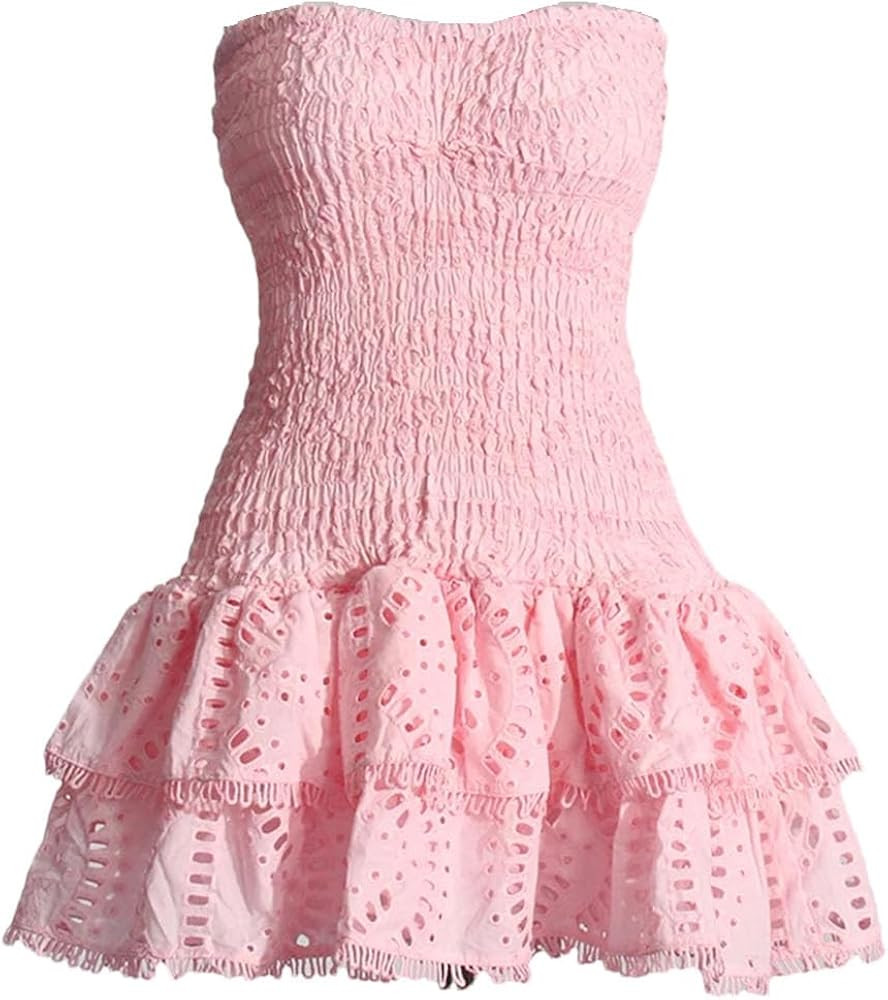 Women's Mini A Line Dresses Strapless Sleeveless High Waist Spliced Ruffles Hem Elegant Slimming Dress | Amazon (US)