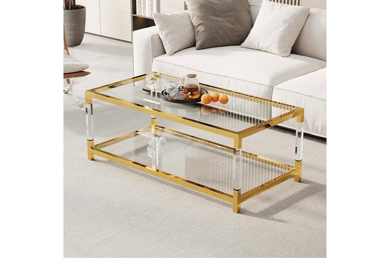 Glass Coffee Table, 47.2" Modern Glass Table, Gold Stainless Steel & Acrylic Legs, Rectangular Center Table,Glass Top & 2-Tier Storage for Home Living Office

#LTKHome