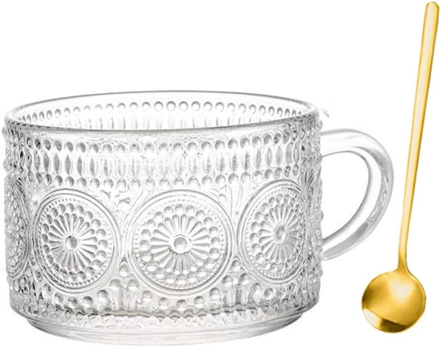 MengCat Vintage Tea Mug 12.5Oz Clear Embossed Glass ,Breakfast Coffee Cup for Cappuccino,Latte,Ce... | Amazon (UK)