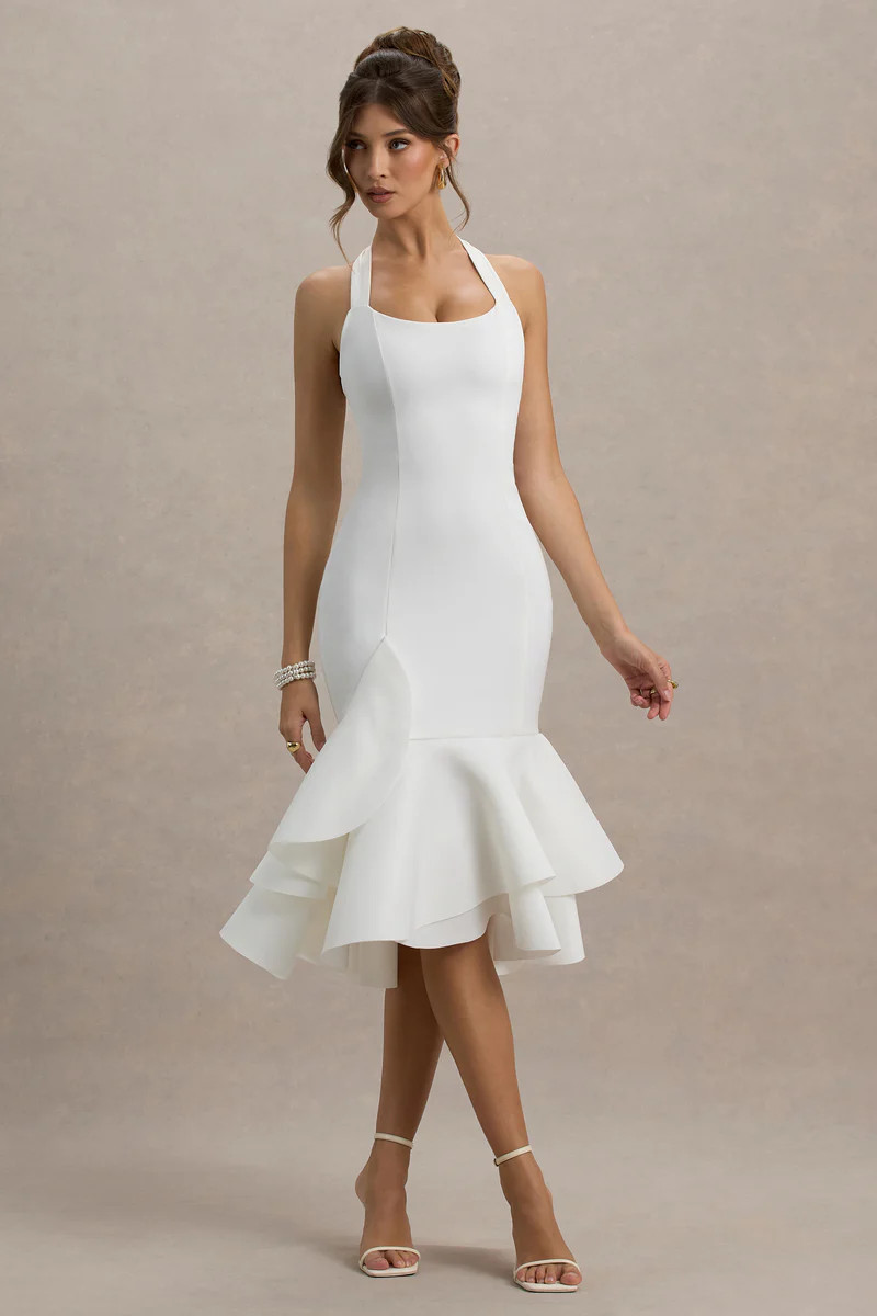 Arla  White Halter Neck Ruffle Trim Midi Dress | Club L London