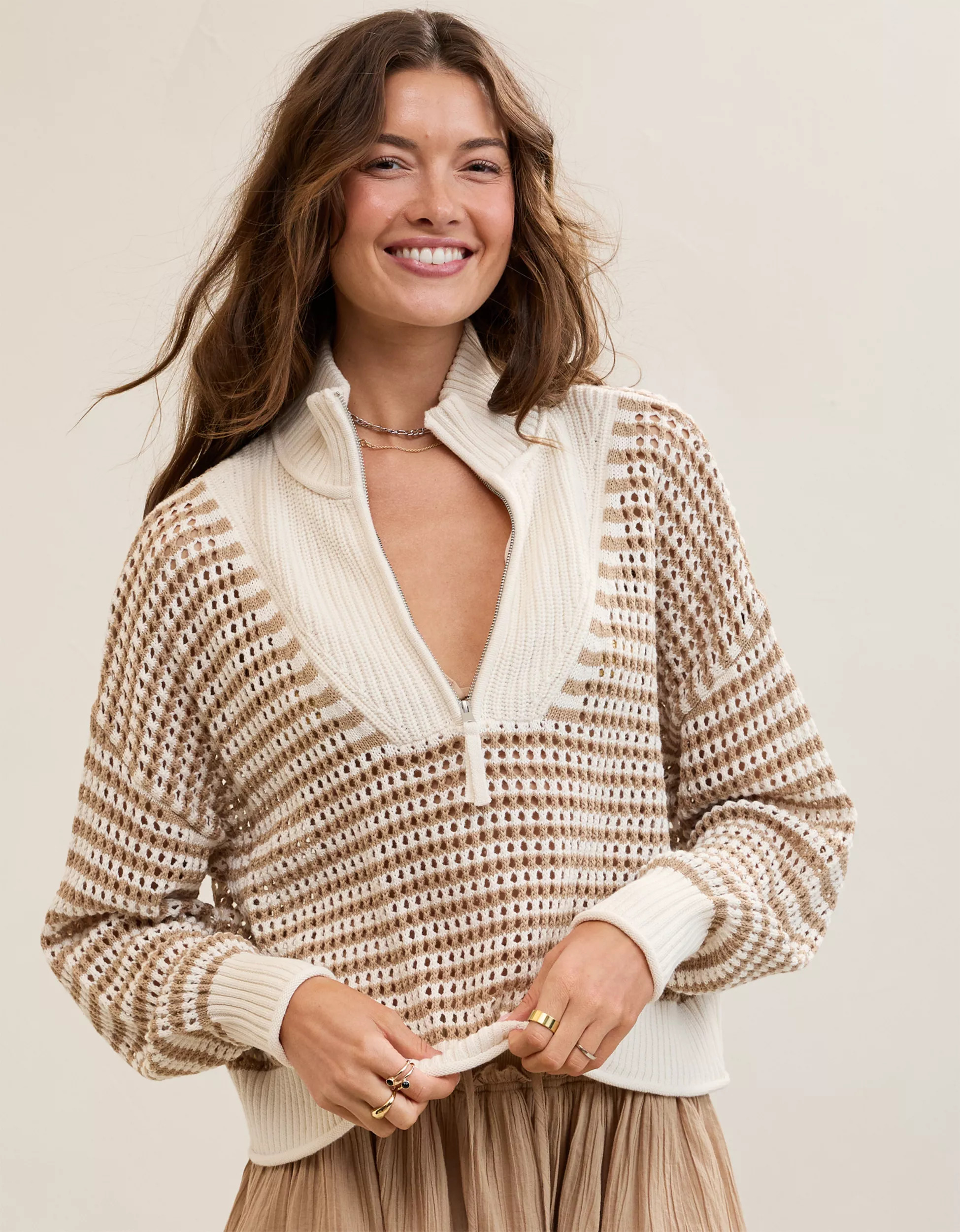 Aerie Crochet Quarter Zip Sweater | Aerie