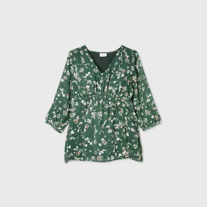 Maternity Floral Print 3/4 Sleeve Button Chiffon Woven Blouse - Isabel Maternity by Ingrid & Isab... | Target