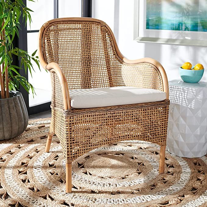 Safavieh Home Collection Charlie Dark Natural Rattan Cushion Accent Chair, 0, White Washed/White | Amazon (US)