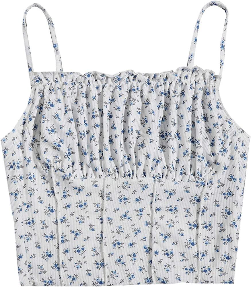 GORGLITTER Women's Floral Knitted Tank Top Sleeveless Ruched Bust Strappy Crop Tops | Amazon (US)